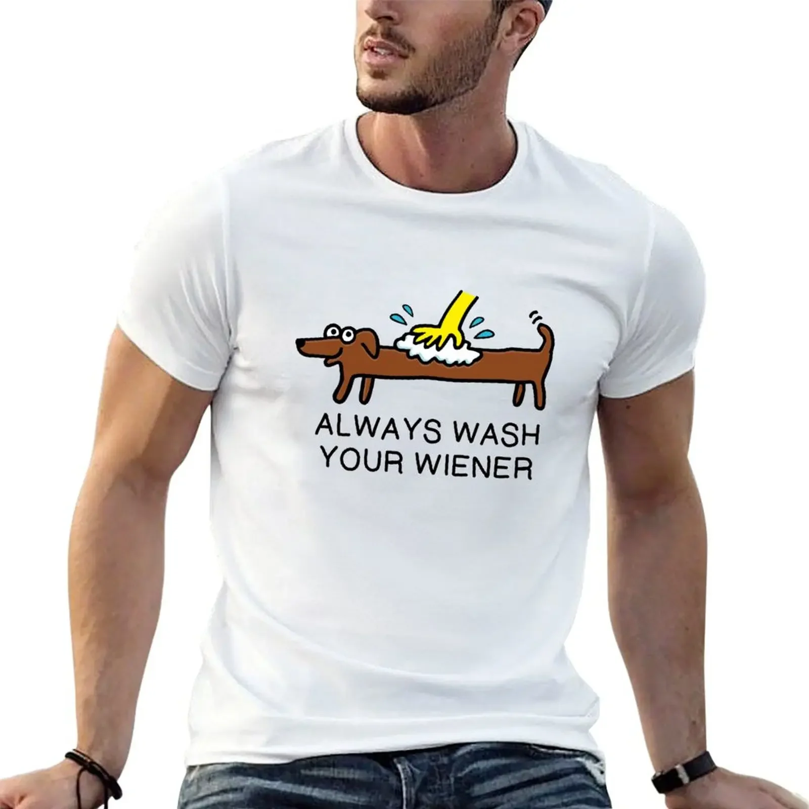 Always wash your WIENER dog T-Shirt Short sleeve tee cotton graphic tees plus size tops clothing for men