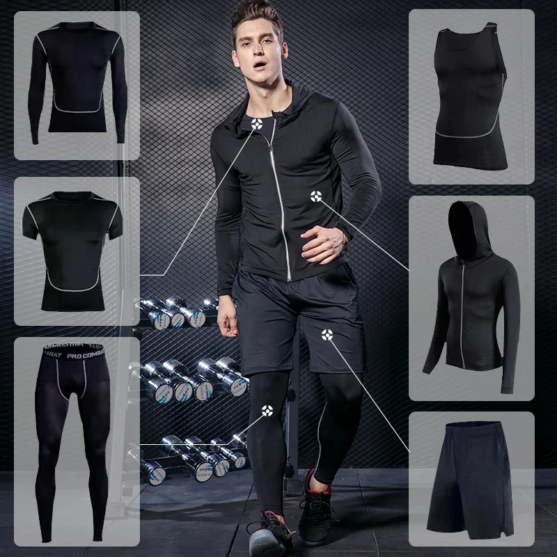 Men's Gym Training Fitness Sportswear Tights Slim Clothes Running Workout Tracksuit Suits Quick Drying High Elastic Sports Wear image 5