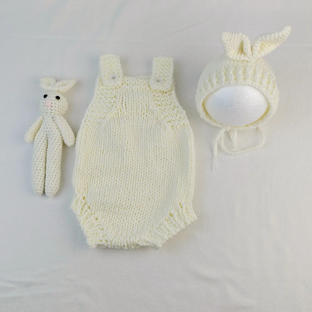 Newborn Photography Outfit Bunny Outfits for Photo Knitted Baby Jumpsuit Hat Teddy Bear Doll Infant Photoshoot Props Clothing