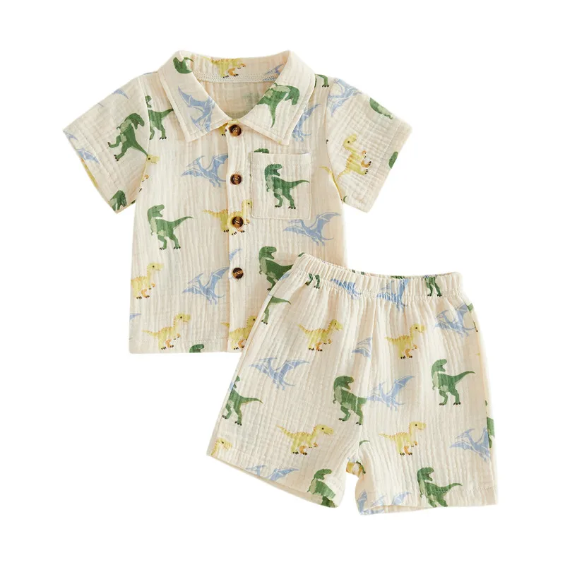 1-4years Boys Shorts Set fashion casual  Sailboat/Dinosaur Print Short Sleeve Shirt Elastic Waist Shorts Summer Outfit