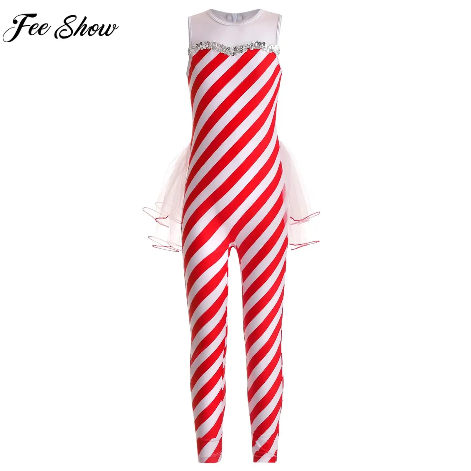 4-14Y Girls Christmas Jumpsuit Xmas New Year Theme Party Cosplay Costume Long Sleeve Sequins Striped Tutu Dress Dance Leotard