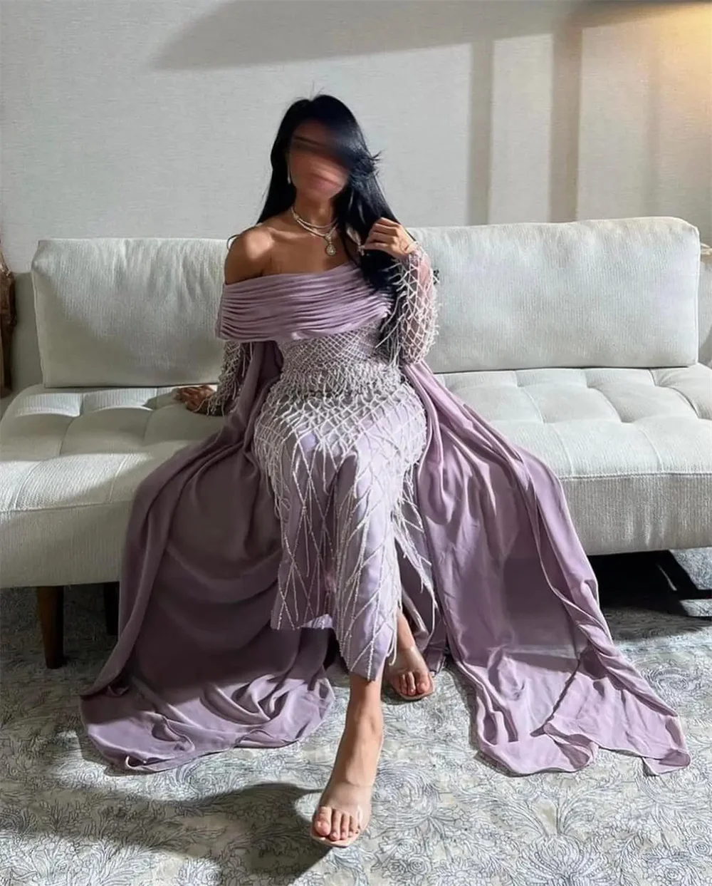 Bella Elegant Purple Off Shoulder Prom Dresses Glitter Mermaid Pleats Evening Dress Chiffon Draped Customized vestidos de fiesta