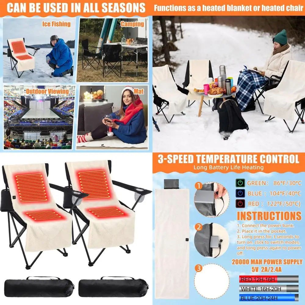 

2 Set Camping Chairs with Heated Cushions – Foldable Portable Outdoor Chairs for Winter, Tailgating, Fishing, Sports, Beach, Pow