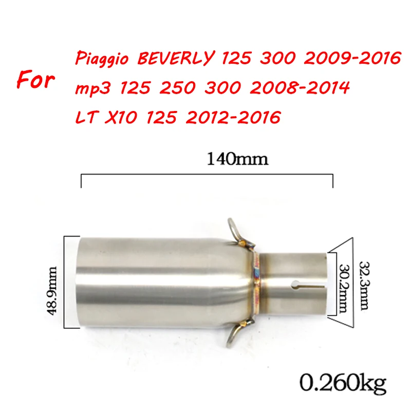 Silenciador de tubo de escape medio para motocicleta Piaggio BEVERLY 125, 300, 2009, 2016-125, mp3, 250, 300, 2008-2014, LT, X10, 125, 2012-2016