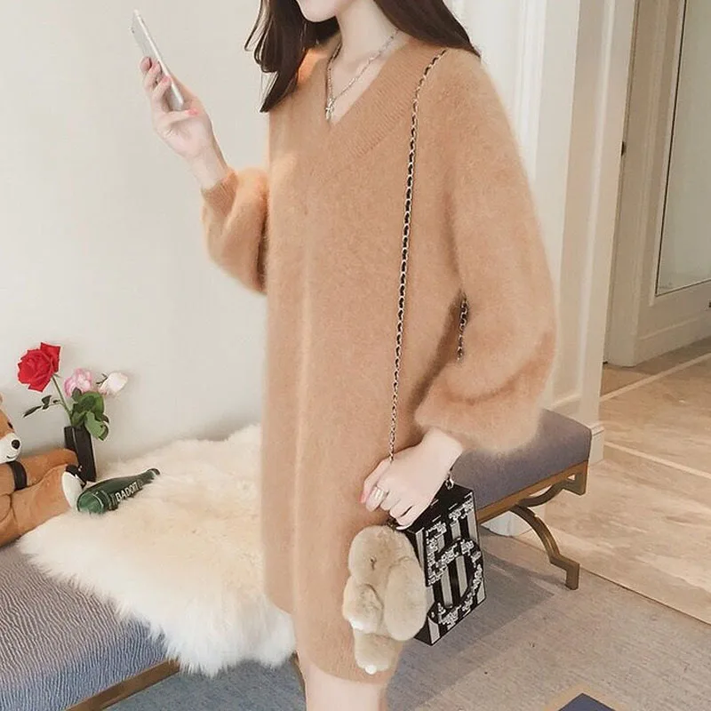 2023 Fashion Loose Solid Color V-Neck Women's Dresses Spring Autumn Korean Temperament Long Sleeve Mini Dress Female Clothing