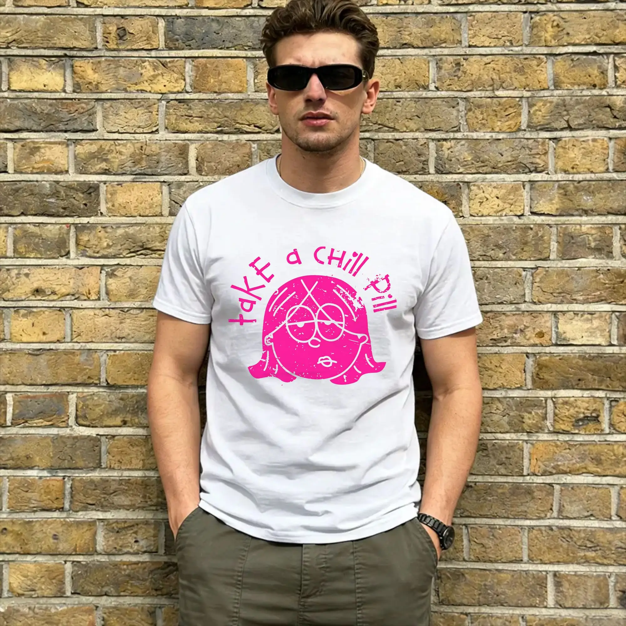Men's T-Shirt Lizzies McGuires Cool 100% Cotton Tee Shirt Short Sleeve Take a Chill Pill T Shirts Crew Neck Clothes Plus Size