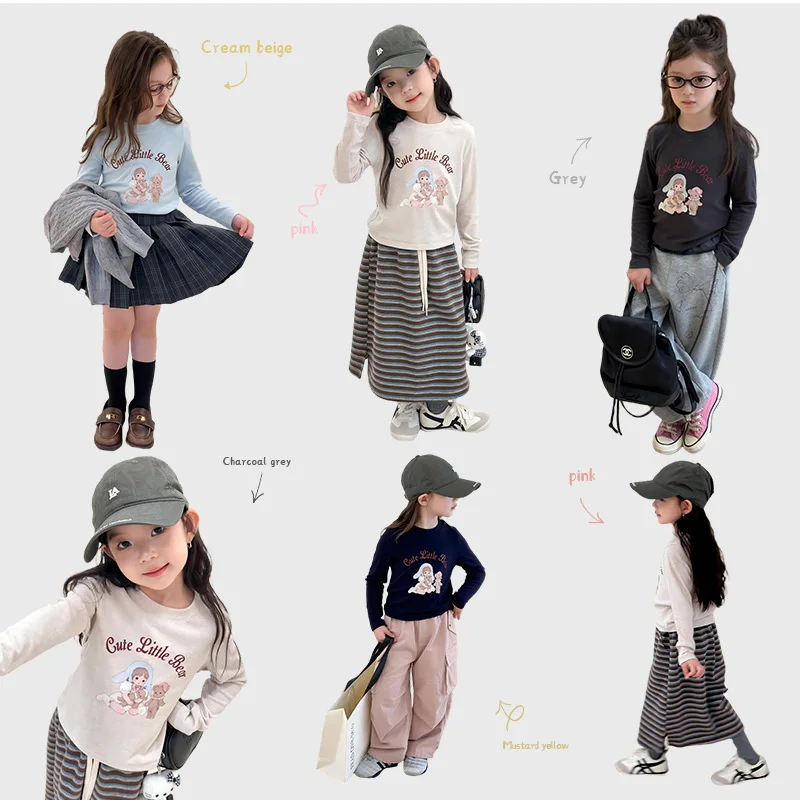 

2025 Autumn New Fashion Children's Base Shirt for Girls Slim Cotton Pit Long-sleeved T-shirt Boutique Clothing Simple Style