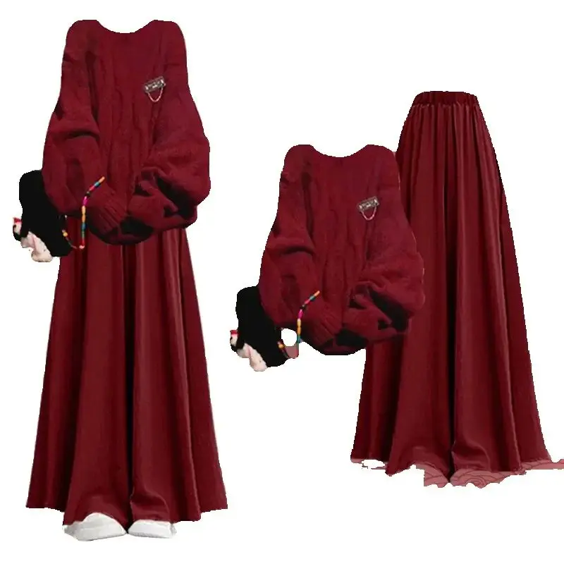 

2025 Autumn/Winter New Fashionable Casual Wide Leg Pants with Loose O-neck Sweater Two-piece Set