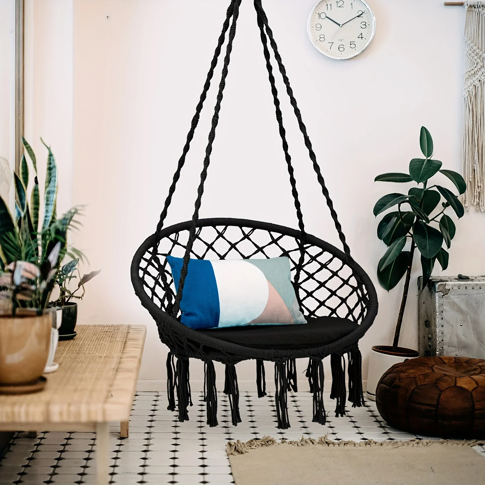 1pc Hammock Swing Chair With Cushion, Hanging Hardware Kit, Indoor Outdoor Furniture, Black