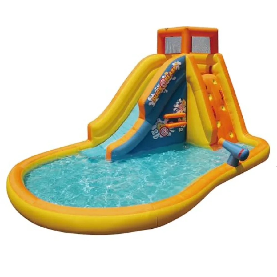 

Inflatable Water Park 14.4' L x 9.5' W x 8' H with Waterslide and Water Cannon for Outdoor Pool Use Durable PVC Material Blue a