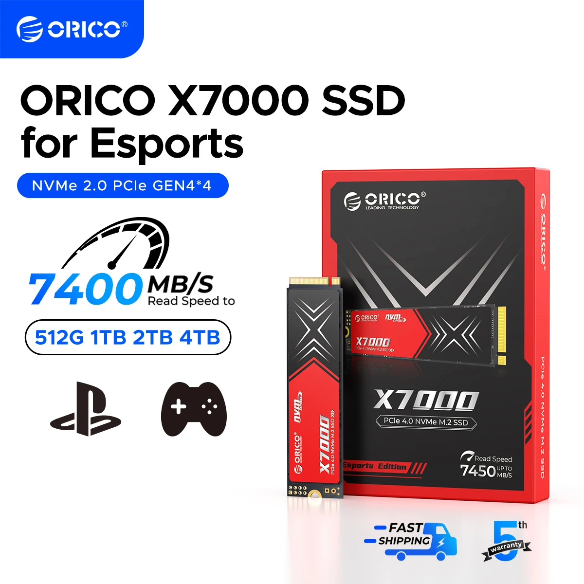 ORICO M.2 NVMe SSD 2280 PCIe 4.0 X4 Internal Solid State Drive Up to 7450MB/s for Gamers and Creators, Perfect for PS5 X7400