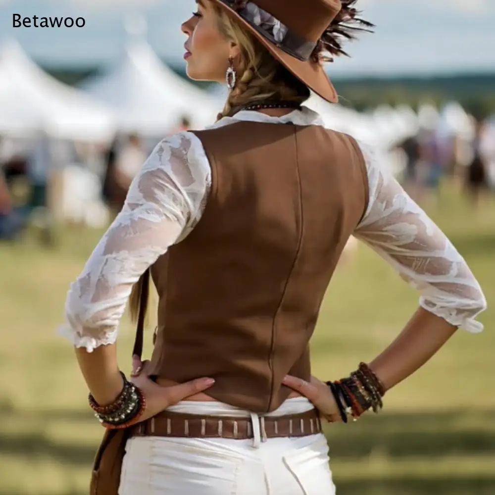 Cowgirl Style Fake Two Piece Top Faux Suede Vest with Lace Shirt V Neck Long Sleeve Retro Western Slim Fit Blouse