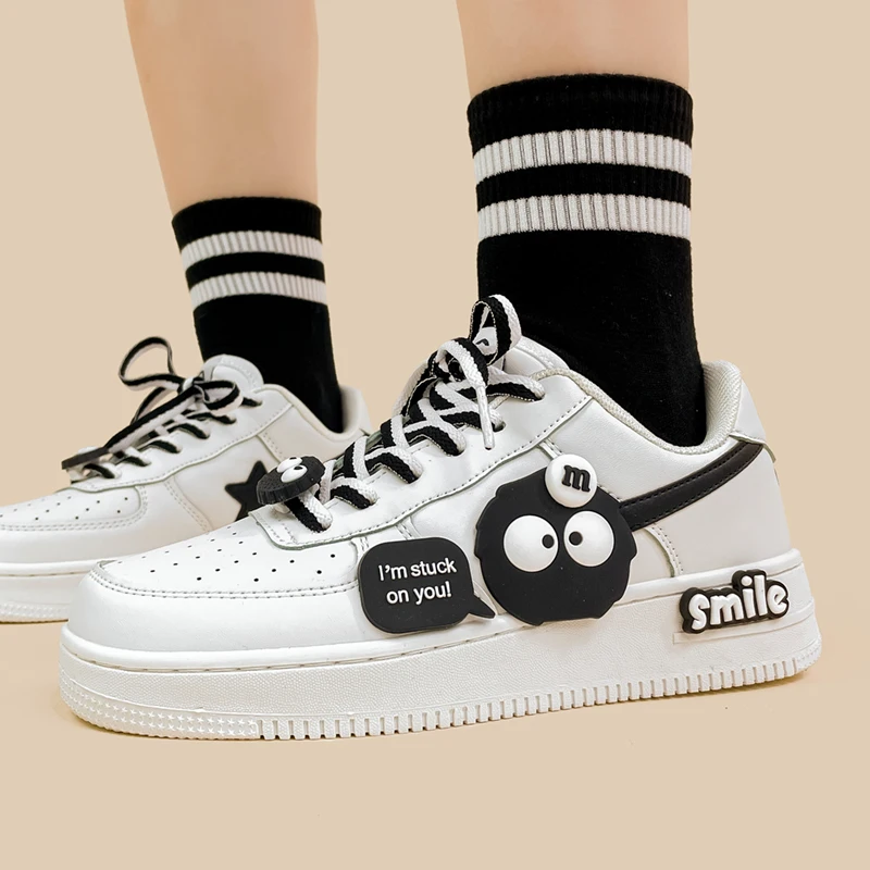 Amy and Michael Cute Cartoon Shoes 2024 Autumn New Women White Flat Casual Sneakers Teenagers Students Low Top Sports Trainers