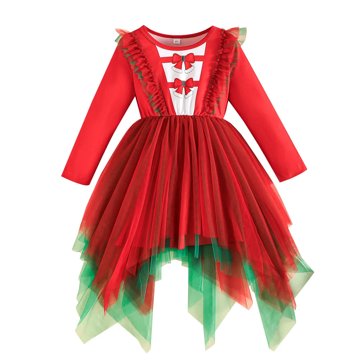 فستان شبكي بأكمام طويلة للفتيات لعيد الميلاد لعام 2025 مع تنورة غير منتظمة متدرجة باللون الأحمر والأخضر وديكور فيونكة #5