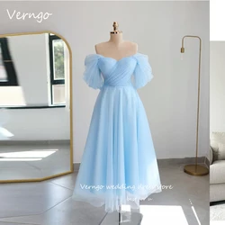 Verngo Light Blue Glitter Dotted Tulle Prom Dresses Off Shoulder Sleeves Ankle Length Homecoming Party Dress Formal Real Pic