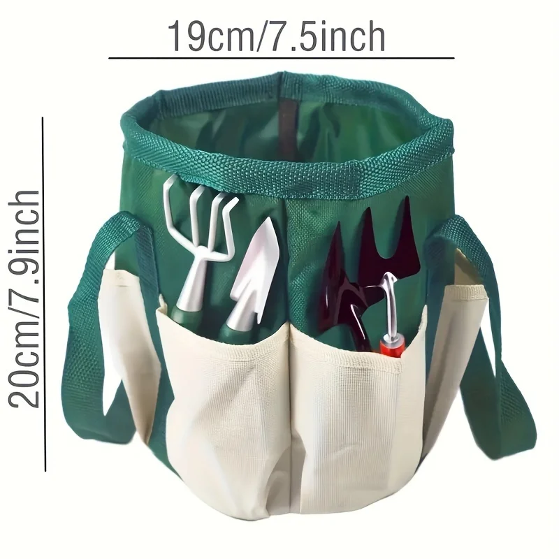 White Green Round Garden Tool Bag Multi Pocket Durable Oxford Fabric Lightweight Portable Indoor Outdoor Gardening Organizer