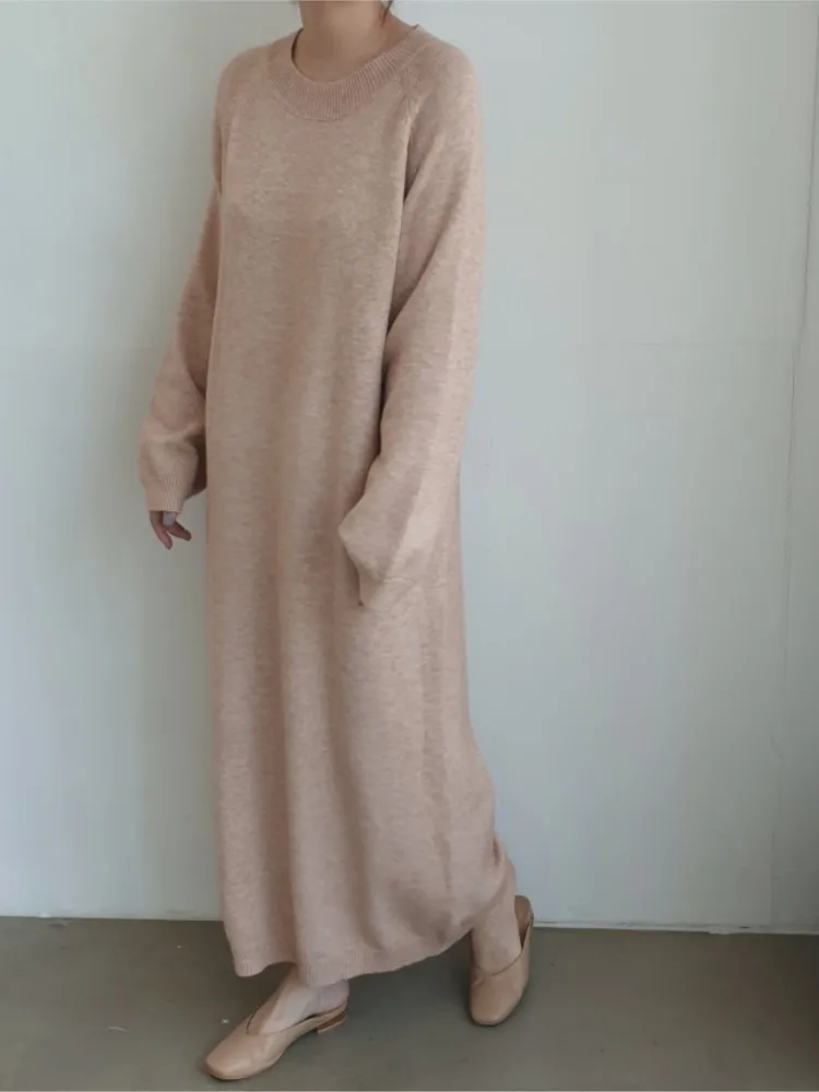 Vestido de suéter de punto de gran tamaño para mujer, cuello redondo, abertura lateral, suelto, manga larga, Otoño e Invierno