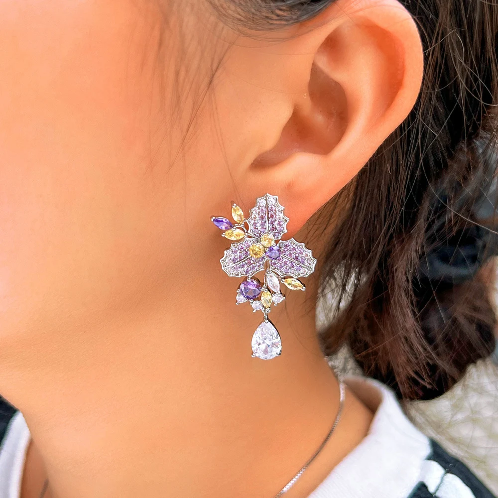 CWWZircons Chic Purple Cubic Zircon Pretty Long Big Flower Leaf Drop Dangle Earrings for Women Engagement Bridal Wedding CZ760