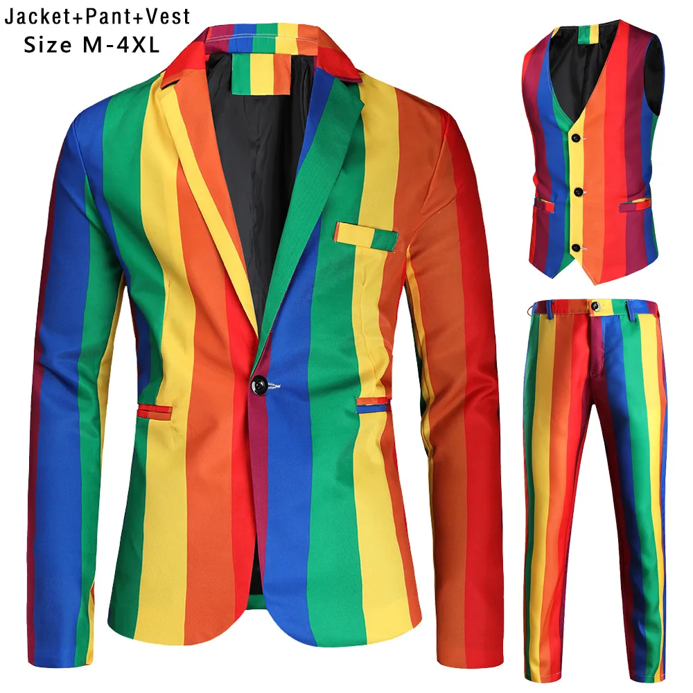 Men\'s Suits Mens New Fashion Slim Print Colorful Stripes 3PCS Suits High Quality Luxury Singer Star Wedding Stage Clothing