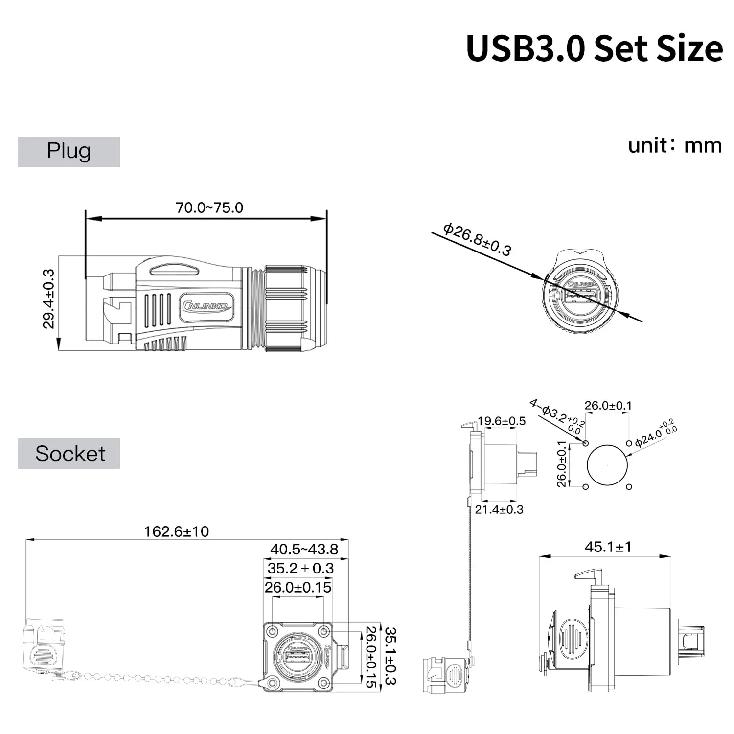 CNLINKO M24 Waterproof USB3.0 Connector Metal USB Charging Data Fast Transimission Connector for Desktop Computer with 1m Cable
