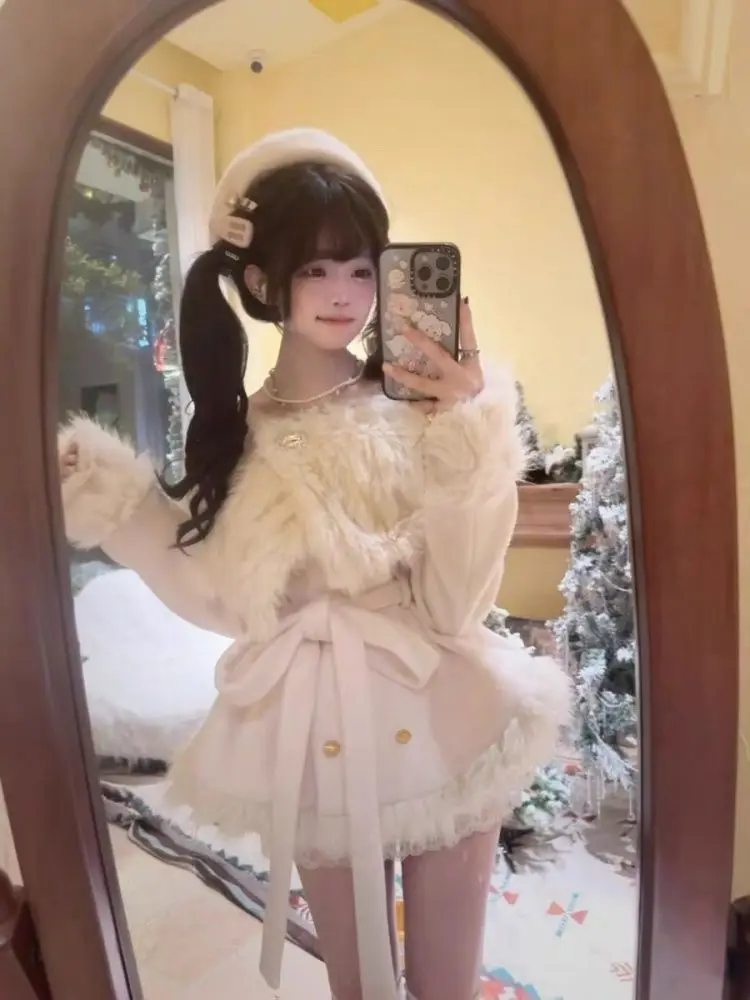 أزياء أنيقة الدافئة 3 قطع مجموعة النساء تصميم هيبورن طويلة الأكمام الدانتيل معطف الوبر اليابانية الحلو رقيقة ضئيلة Kawaii وتتسابق #2