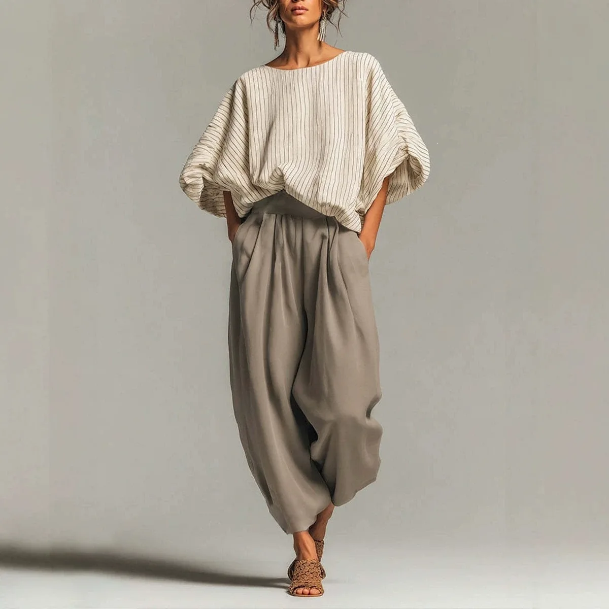 2026 Autumn New Women's Retro Casual Loose Medium Long Sleeve Top and Pants Two Piece Set