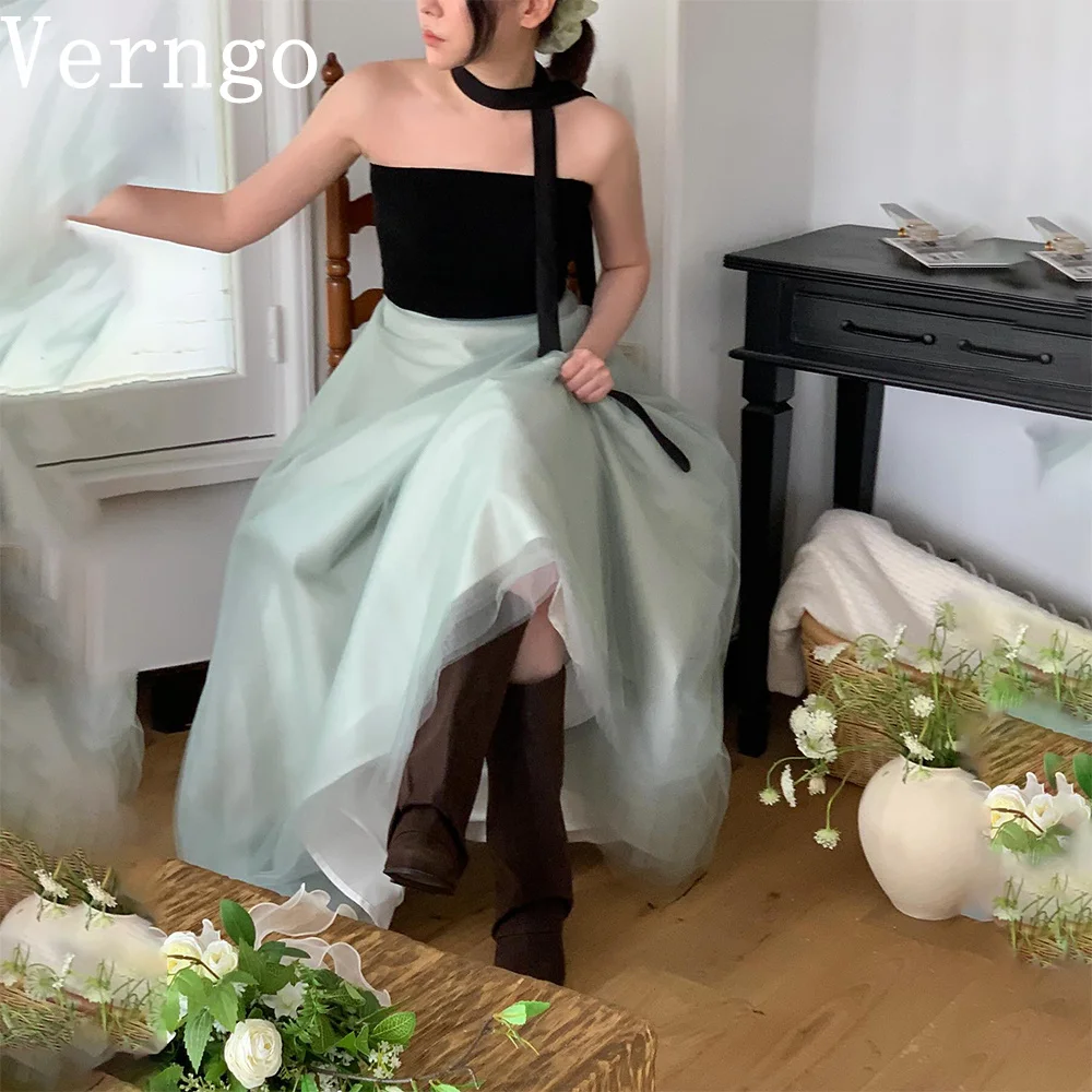 Verngo Tulle Prom Gown Off The Shouldr A Line Contrast Color Evening Dress Women Simple Korea Prom Dress 피로연 드레스