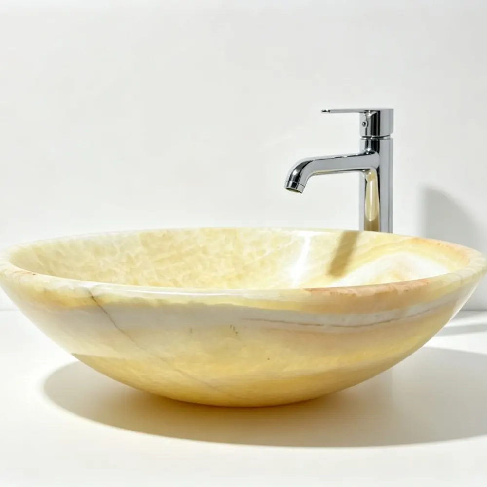 #￥Natural Honey Onyx Round Vessel Sink Polished Yellow Onyx Modern Easy Clean Bathroom Living Room Hand Wash Basin Stone Sink