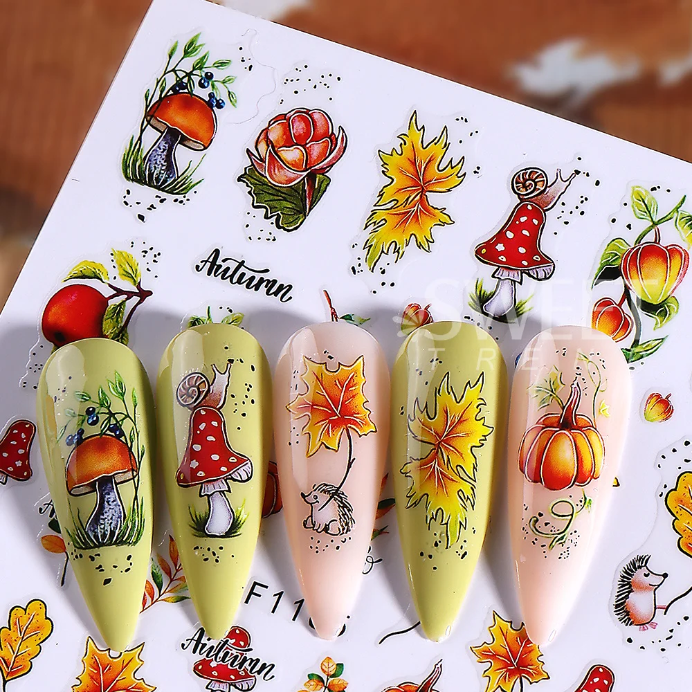 SWEET TREND-5 Stück/10 Stück Herbst-Nagelaufkleber Cartoon-Autumn-Ahornblätter-Kürbis-Elch Selbstklebende Aufkleber Halloween-Maniküre-Deko – Detail 5