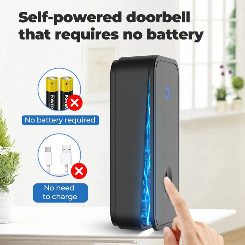 Self Powered Wireless Doorbell No Battery Waterproof Door Bell For Kids Elderly Caller 1 Button 2 Receiver