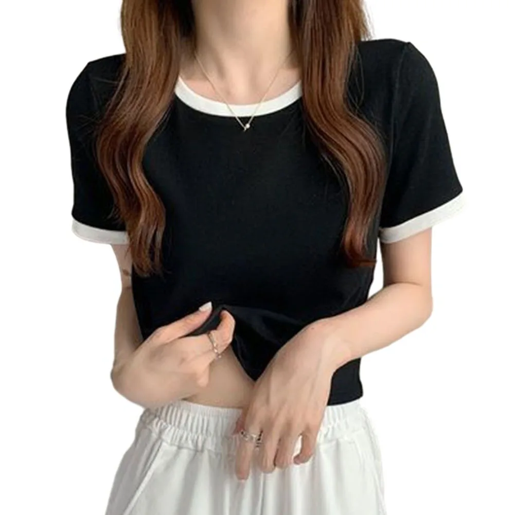 

Women Short Sleeve Pullover Round Neck Slim Stitching T-shirt Color-blocking Design Comfortable Contrasting Color