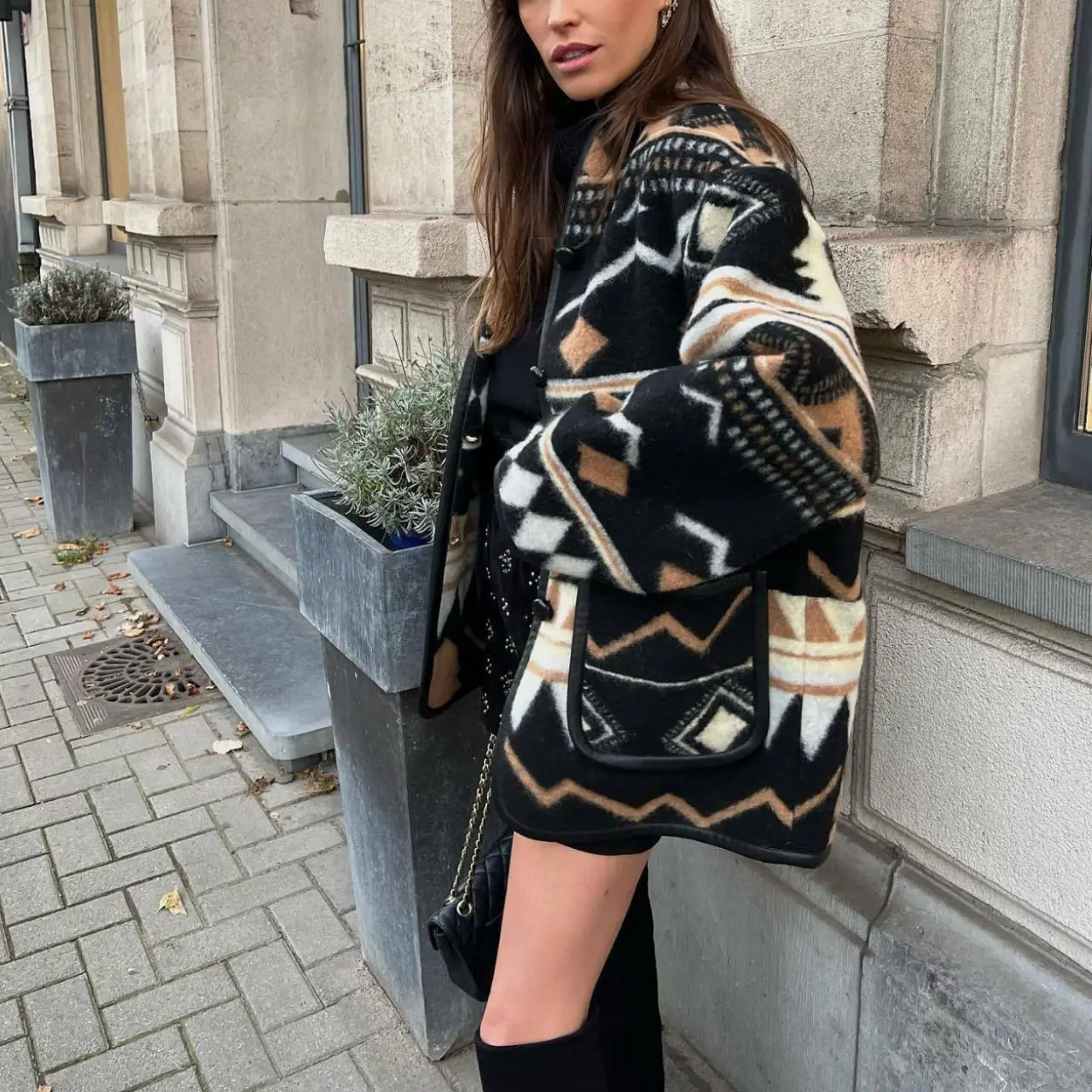 

Long Sleeved Urban Style Women's Clothing Fashion Printed Woolen Short Jacket New In Europe And America For Autumn And Winter