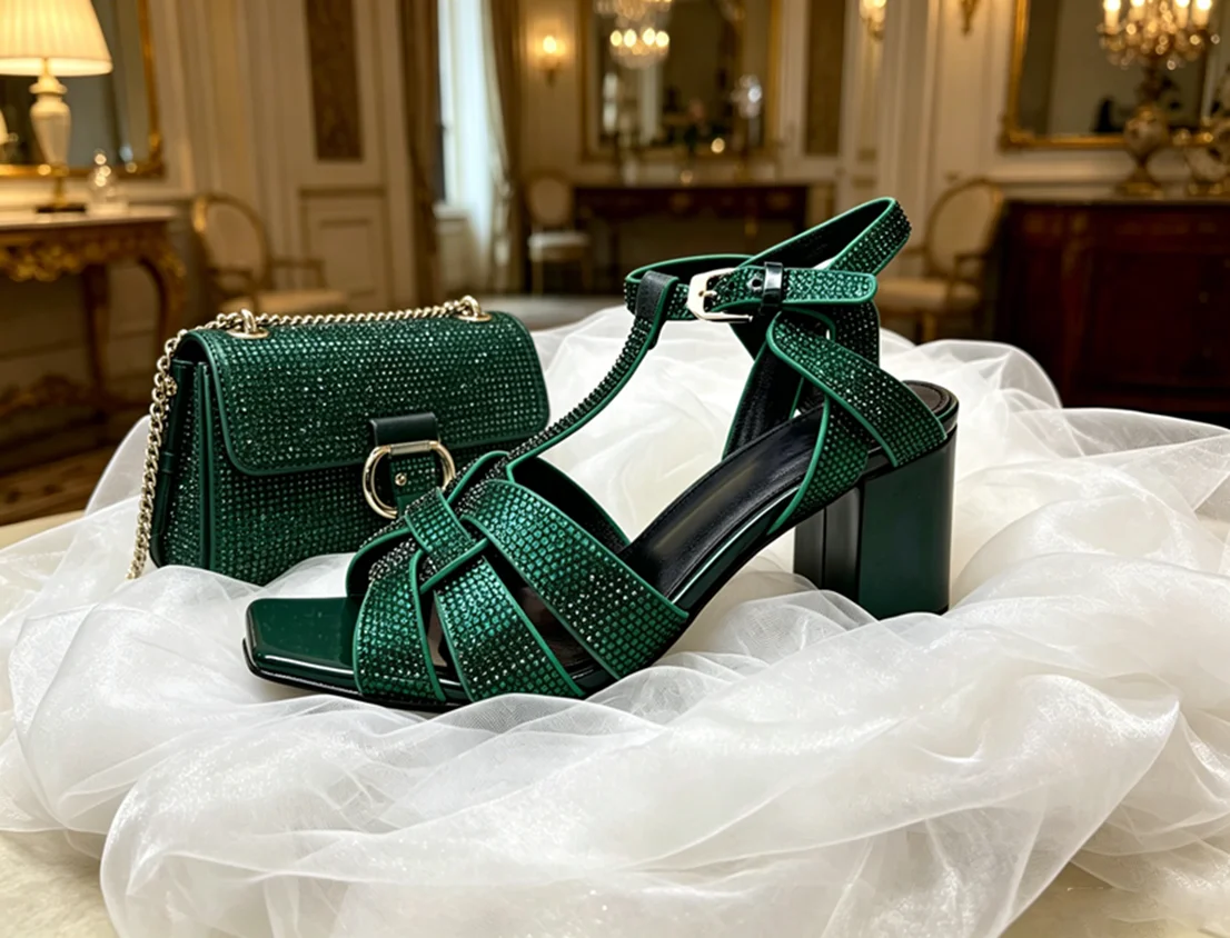 Sandales à talon carré de 65 mm en cuir avec strass et lanières croisées, chaussures pour femmes à talons épais et bout carré, photo réelle