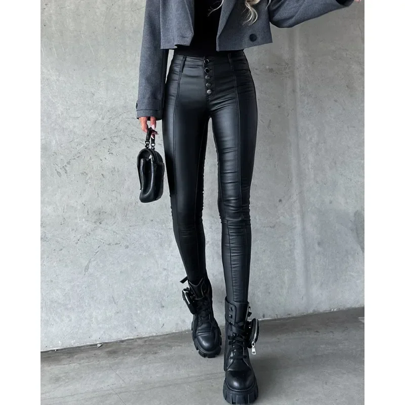 New Arrivals Women Fashion High Waist Stitching Pencil Pants Women's Solid Color Slim Single-Breasted Pants Autumn Winter Pants