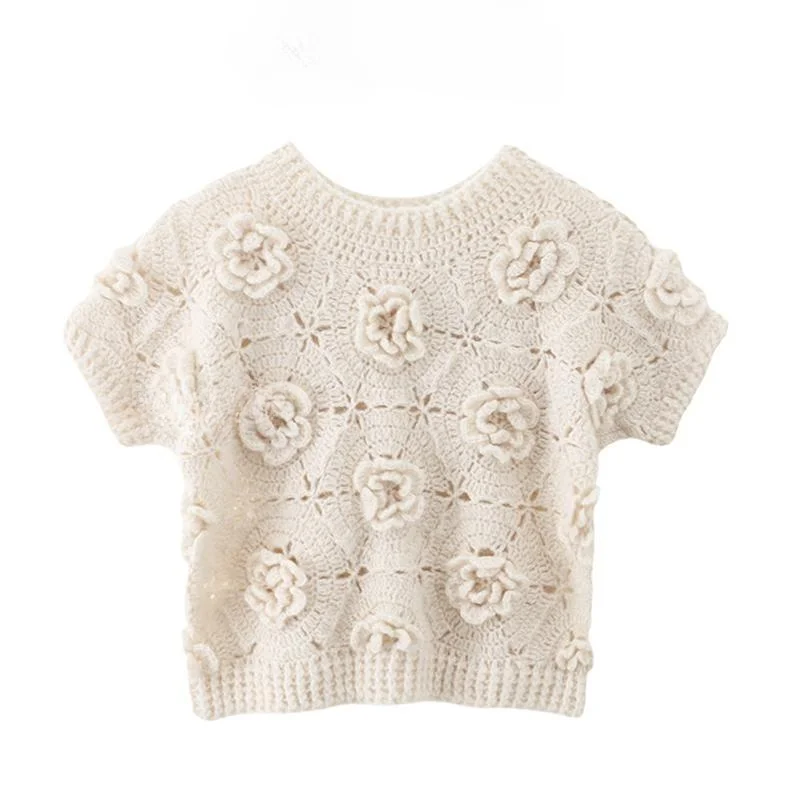 Sweet Girl Design Small Flower O-neck Short-sleeved Knitted T-shirts Women's Summer Hollow Slim Short Age-reducing Pullover Tops