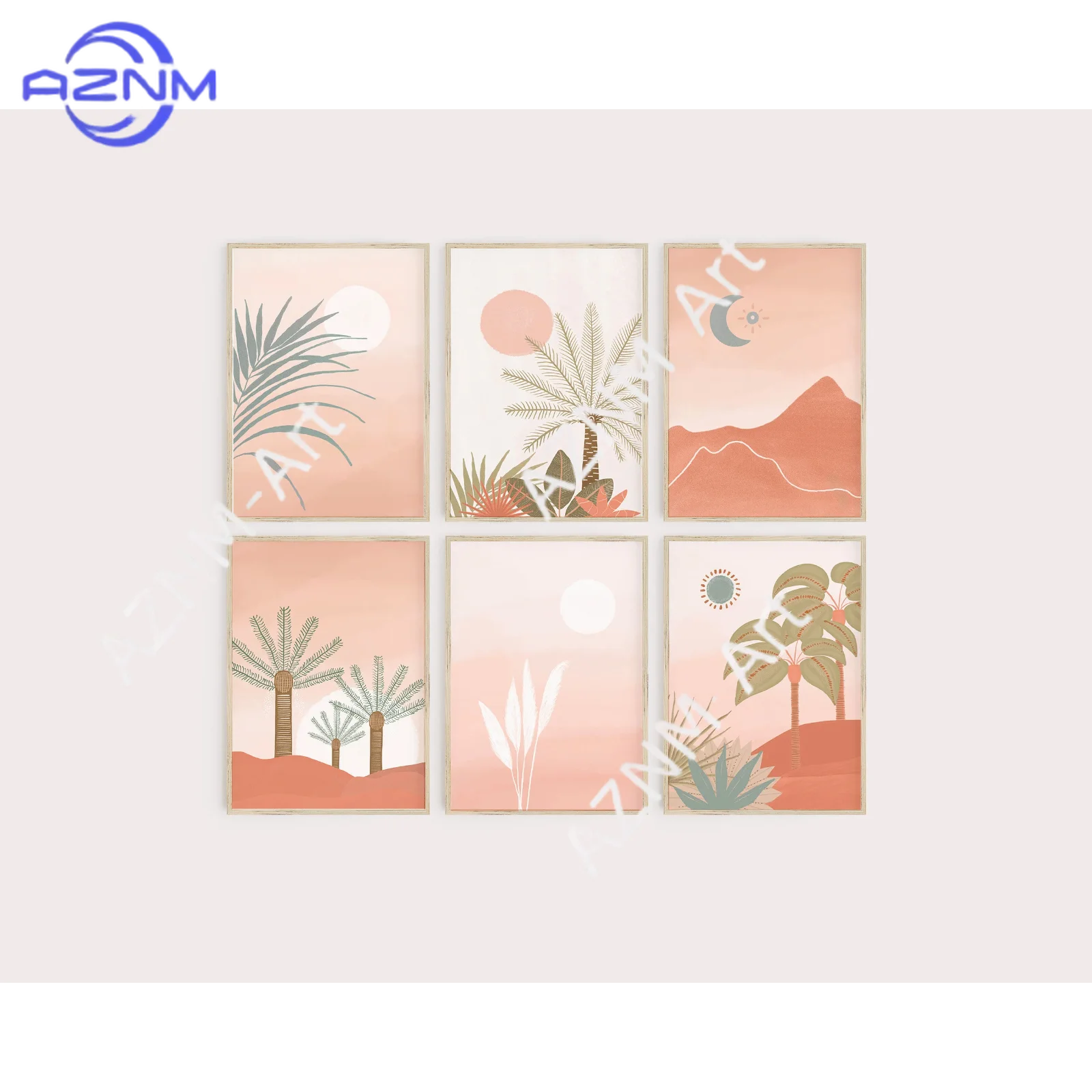 Juego de 1/6 piezas con estampado tropical bohemio, paisaje abstracto, arte de pared en rosa terracota, juego de 6 impresiones, árboles, desierto, sol