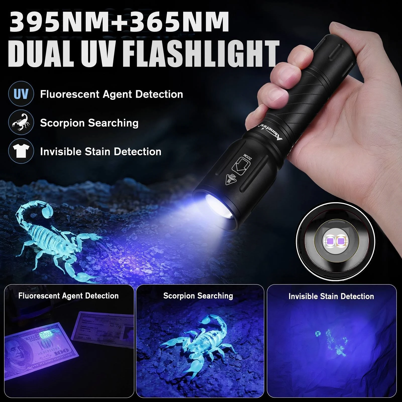 Lampe torche LED UV Alonefire 2-en-1 365nm+395nm à zoom haute puissance pour la détection d'or, de scorpions, d'argent, d'urine de chat et de chien, et de pierres précieuses