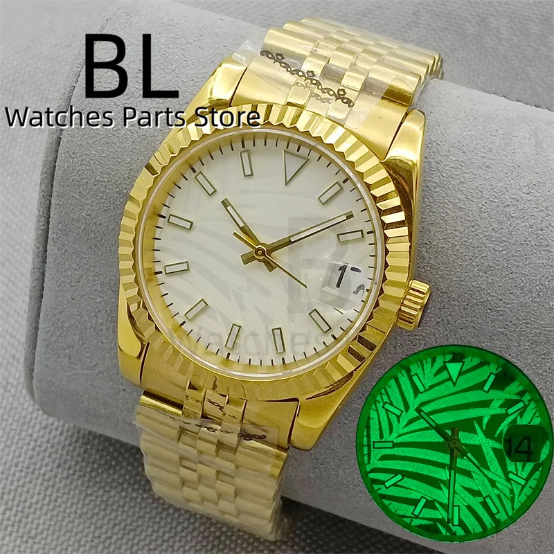 BLIGER 36mm/39mm Palm Leaf Luxury Automatic Watch For Men NH35A Mechanical Waterproof Clock Two tone Rose Gold Fluted Bezel Sapp