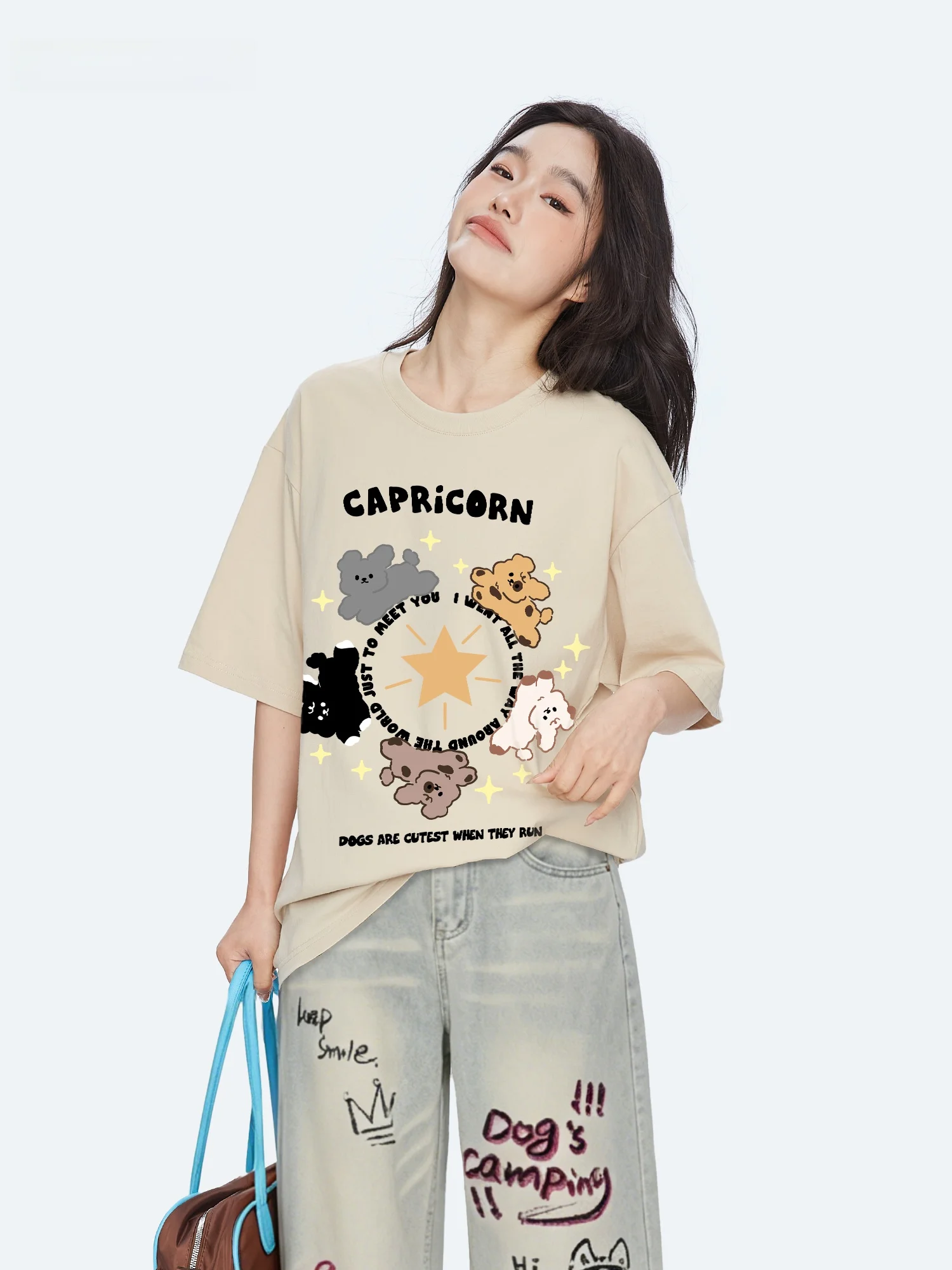 

Capricorn Summer Cotton T-Shirt Women's Loose Short Sleeve Print Casual Versatile round Neck Top for Young Girls