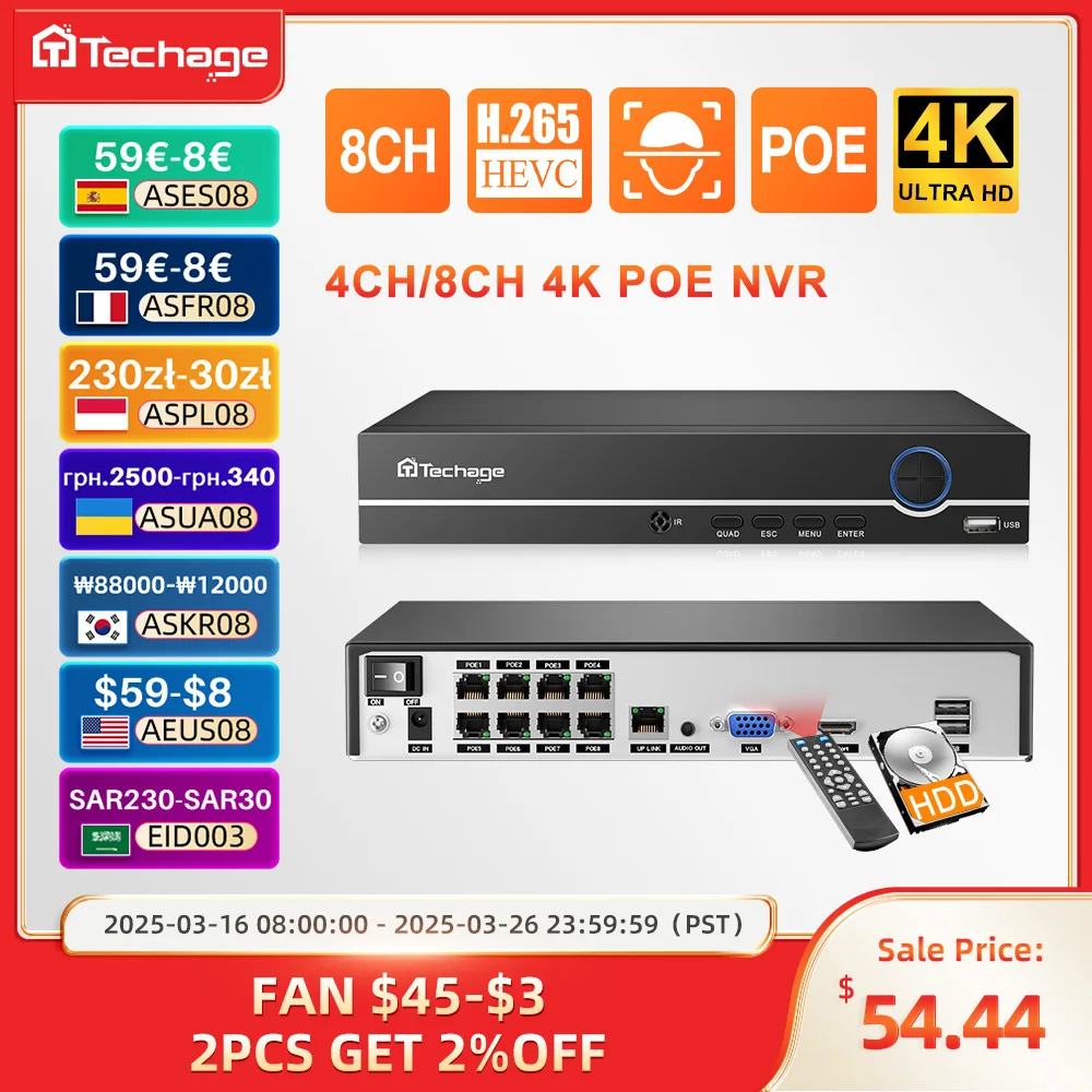 Techage H.265 4K 8CH PoE NVR 2MP 3MP 5MP Network Hard Disk Video Recorder Home Security CCTV Surveillance DVR For PoE IP Camera