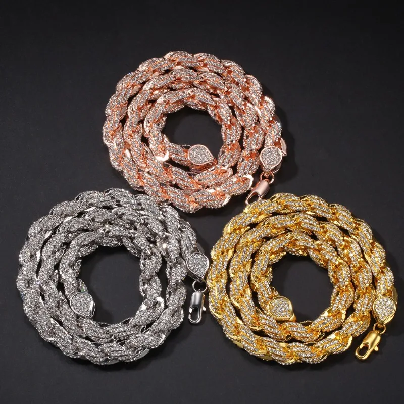 Hip hop alloy diamond inlaid 9mm gold Fried Dough Twists necklace new fashion exaggerated men's necklace 16-24 inch