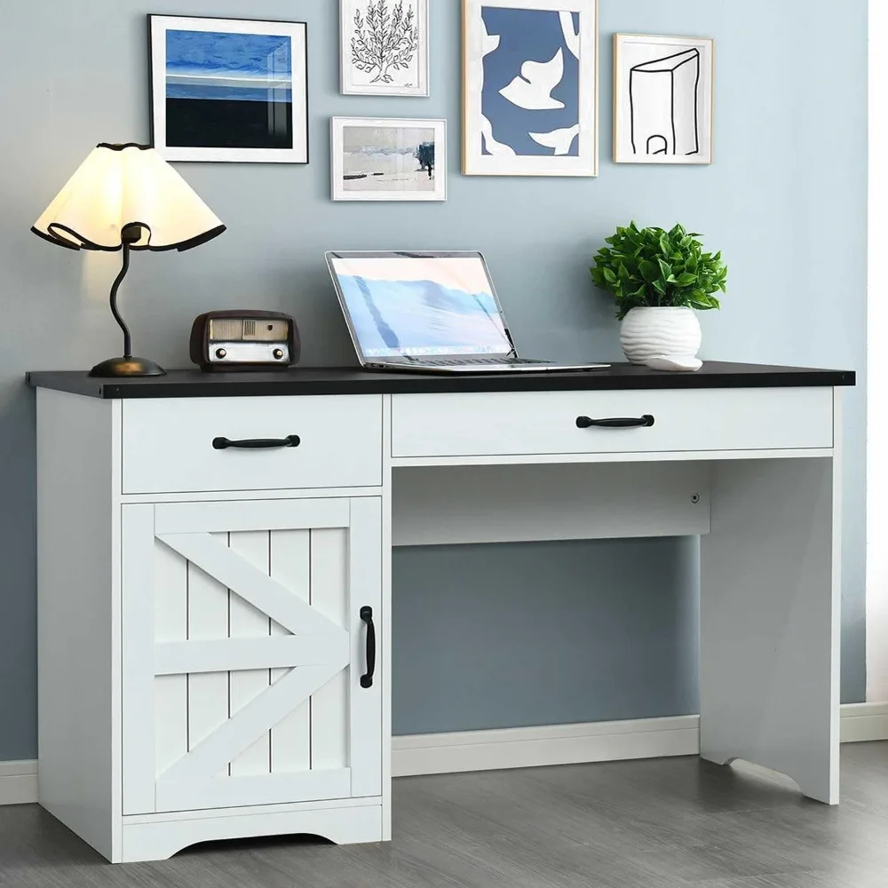 

White Computer Desk with 2 Drawers and Storage Cabinet, Farmhouse Desk with Storage for Small Spaces, Wooden Desk for Bedroom