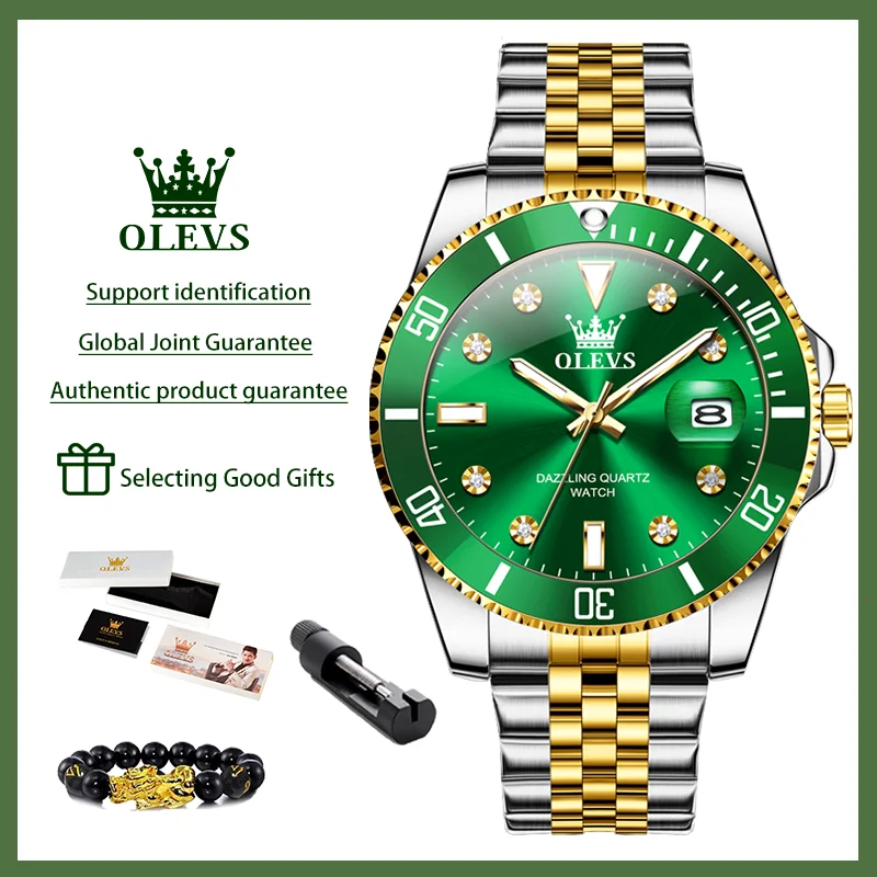 OLEVS Luxury Brands Original Men Watch Luminous Green Dial Quartz Watch Waterproof Stainless Steel strap Calendar Authentication