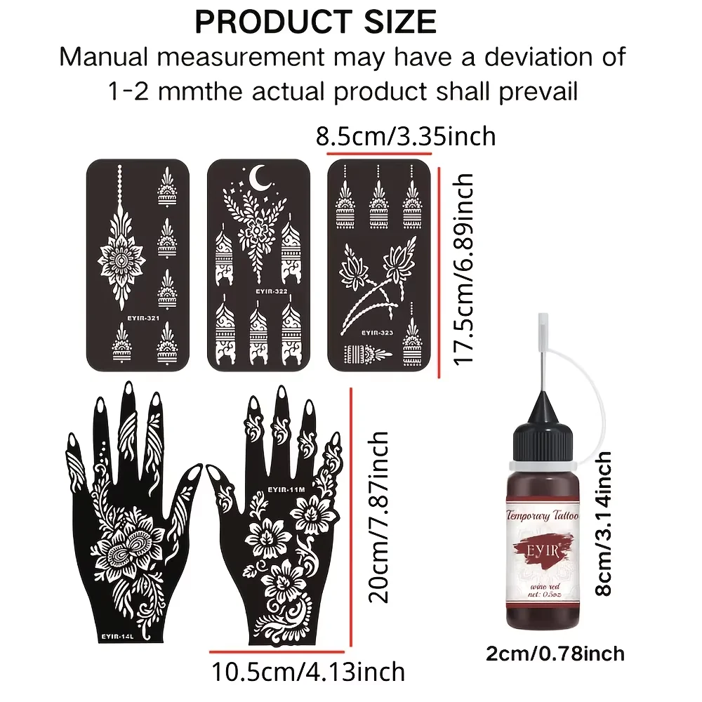 EYIR 3 Color Temporary Tattoo Paste Kit with 5PCS Henna Hand Stencils Waterproof Body Art Ink for DIY Festival Party view 4