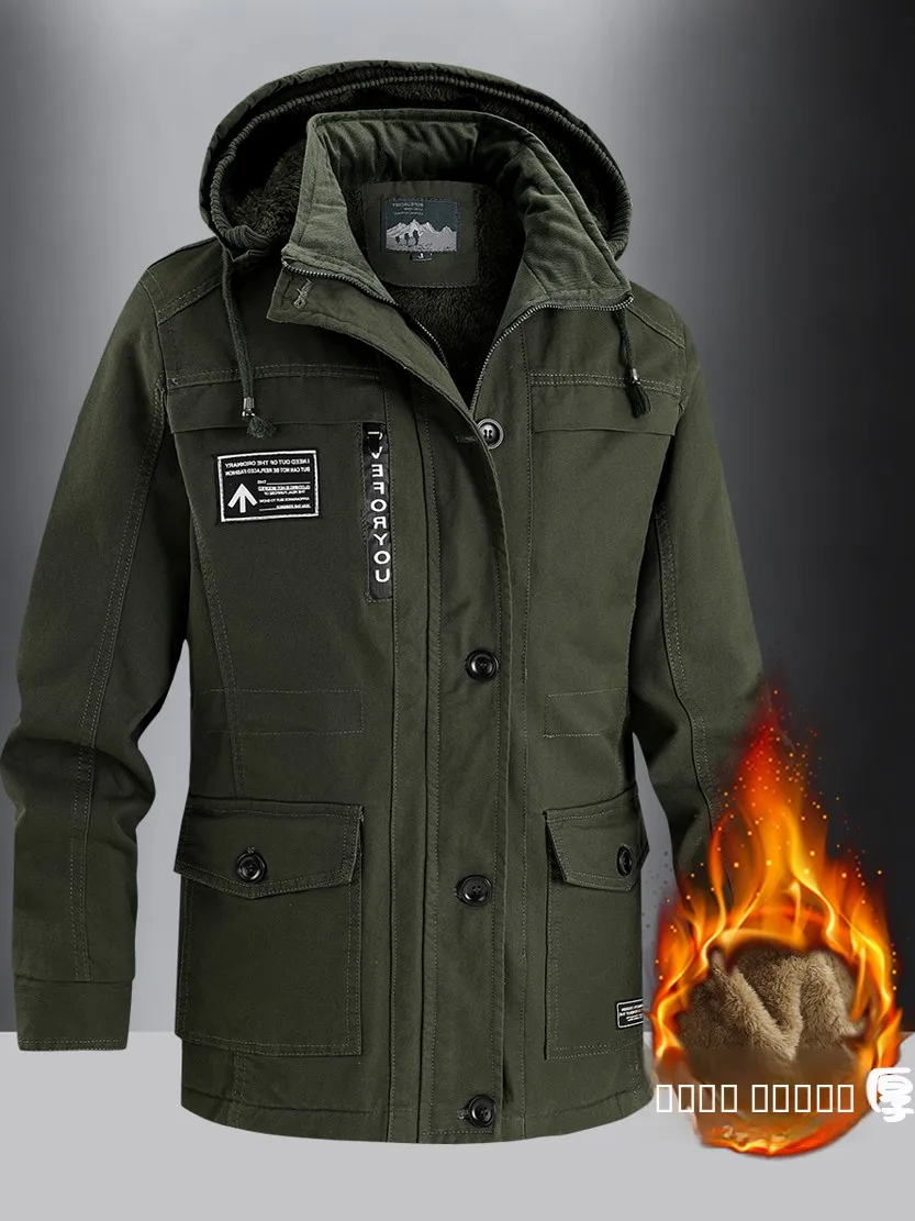 

Warm Hooded Cotton Jaet Men's Workwear Winter Fce Lined Casual Mid-Length Coat Loose Fit Large Size Outerwear