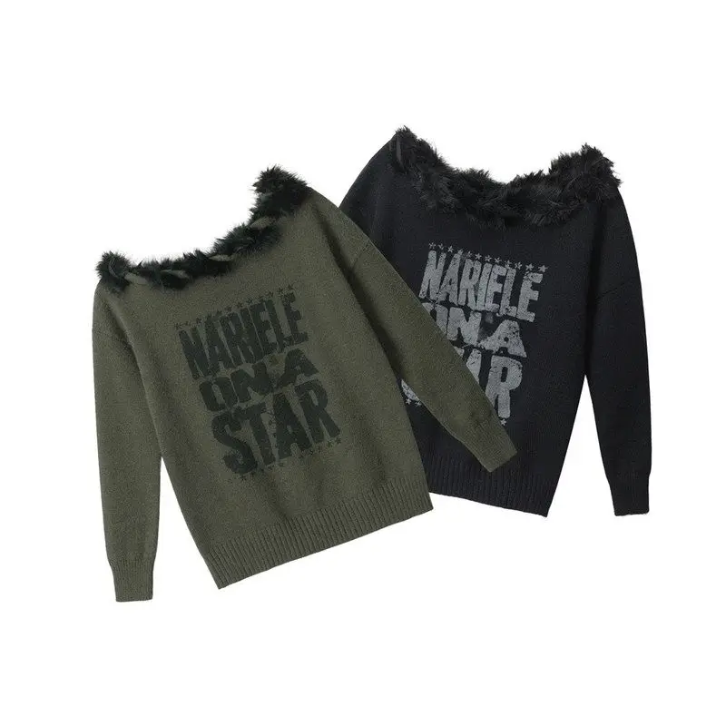 HeyHenry American Retro Spicy Girl Maglione monospalla Donna Autunno Colletto obliquo Stampa in pelliccia Maglia irt Vestibilità ampia Mediu...