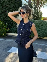 HH Women Fashion O-Neck Sleeveless Texture Vest Top Female Chic Button Pockets Decoration Casual Slim Waistcoat Top Mujer