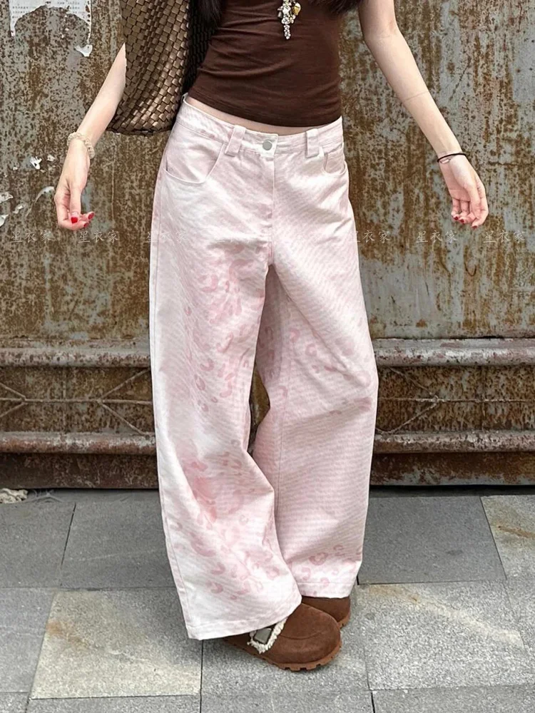 

Retro pink leopard print hot stamping casual pants women niche design and printed trend wide leg floor length pants
