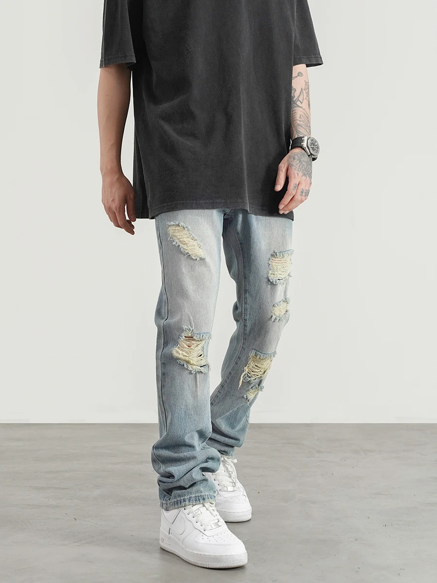 High Street Style Water Washed Hole Straight Leg Jeans Men  Trousers