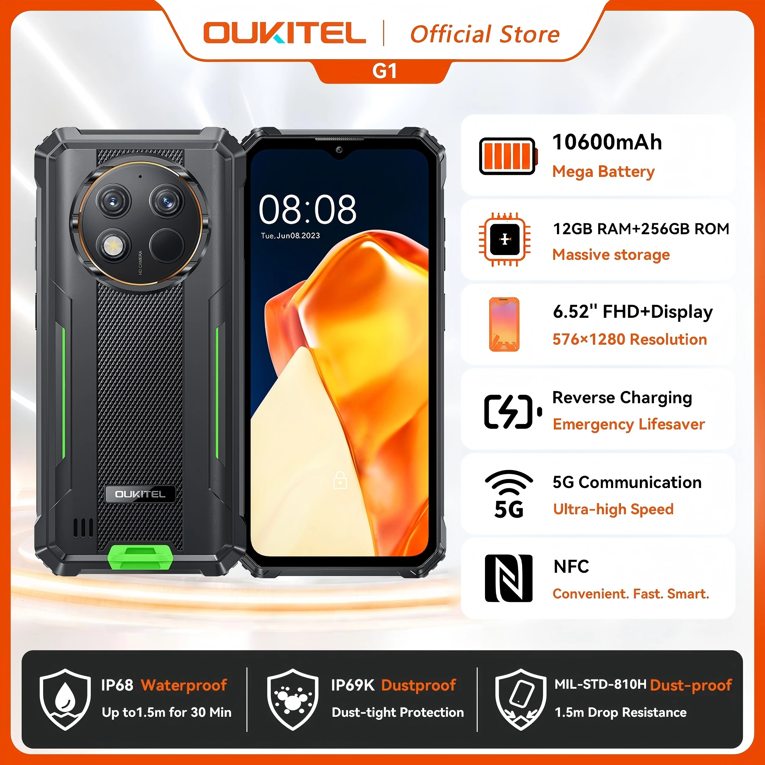 OUKITEL G1 Rugged Phone - 10600mAh, 24(6+18)GB+256GB, 6.52